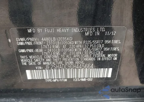 2013 Subaru Forester 2.5X Premium z USA, uszkodzony, nr VIN JF2SHADC9DH445664